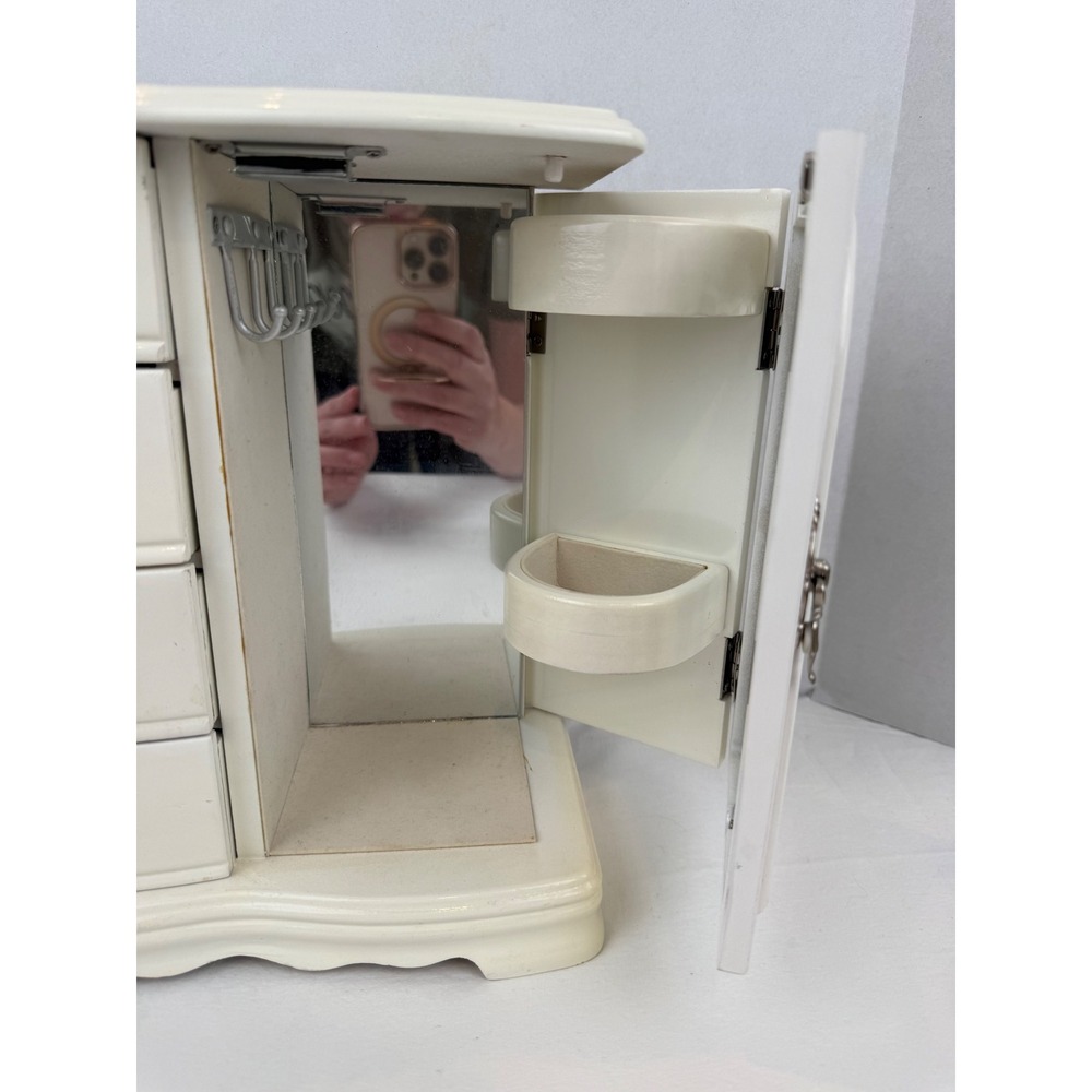 Vintage White Wooden Jewelry Armoire Cathedral Glass Door Tabletop Chest Mirror - Picture 14 of 14